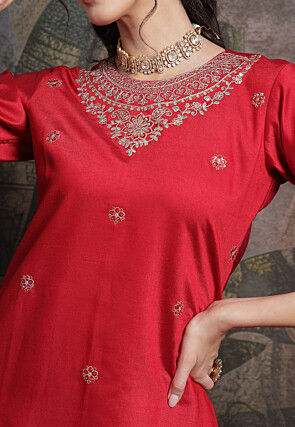 Embroidered Art Silk Pakistani Suit in Red