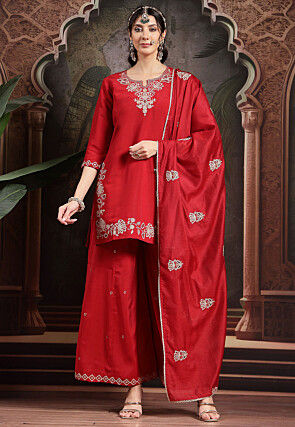Embroidered Art Silk Pakistani Suit in Red