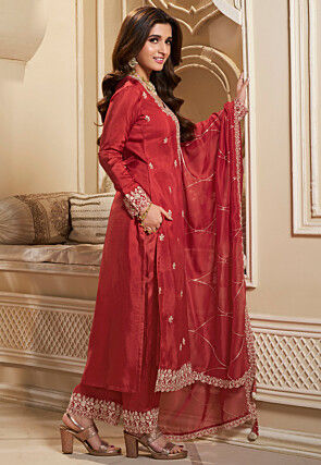 Embroidered Art Silk Pakistani Suit in Red
