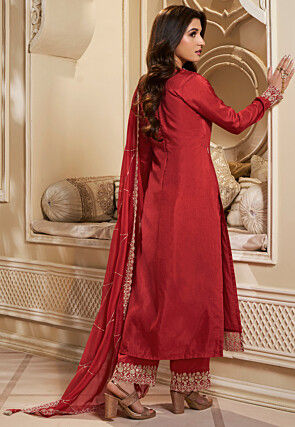 Embroidered Art Silk Pakistani Suit in Red