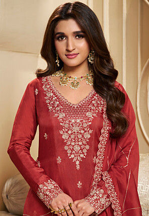 Embroidered Art Silk Pakistani Suit in Red