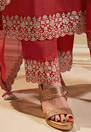 Embroidered Art Silk Pakistani Suit in Red