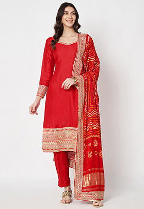 Embroidered Art Silk Pakistani Suit in Red