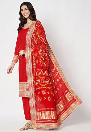 Embroidered Art Silk Pakistani Suit in Red