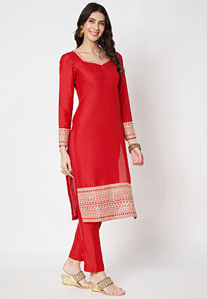 Embroidered Art Silk Pakistani Suit in Red
