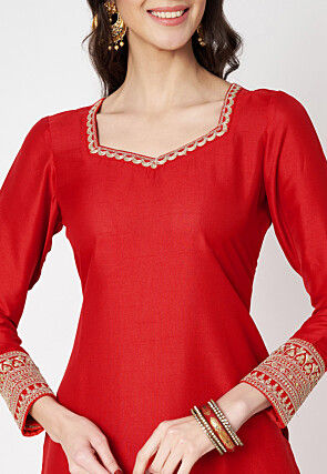 Embroidered Art Silk Pakistani Suit in Red