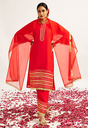 Embroidered Art Silk Pakistani Suit in Red