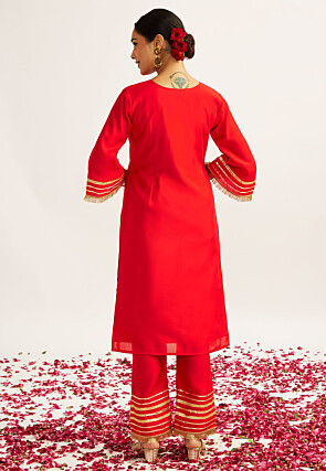 Embroidered Art Silk Pakistani Suit in Red