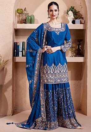 Embroidered Art Silk Pakistani Suit in Royal Blue