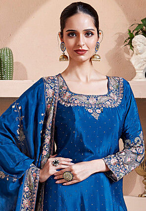 Embroidered Art Silk Pakistani Suit in Royal Blue