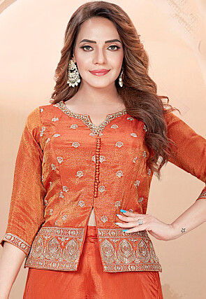 Embroidered Art Silk Pakistani Suit in Rust