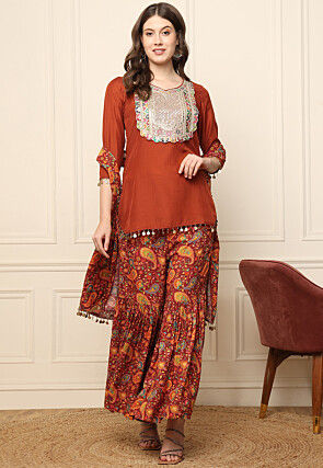 Embroidered Art Silk Pakistani Suit in Rust