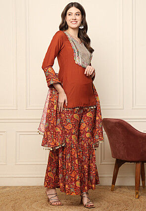 Embroidered Art Silk Pakistani Suit in Rust