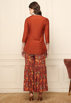Embroidered Art Silk Pakistani Suit in Rust