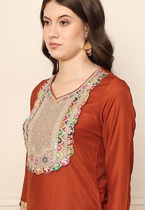 Embroidered Art Silk Pakistani Suit in Rust
