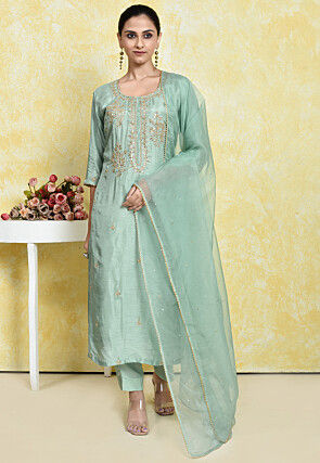Embroidered Art Silk Pakistani Suit in Sea Green