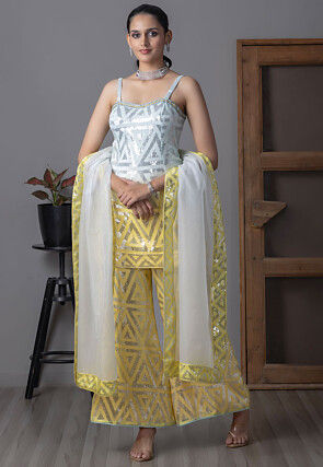Embroidered Art Silk Pakistani Suit in Shaded Grey and Yellow