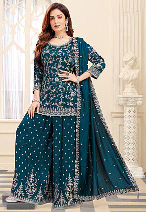 Embroidered Art Silk Scalloped Pakistani Suit in Teal Blue