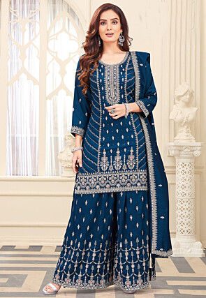 Embroidered Art Silk Scalloped Pakistani Suit in Teal Blue