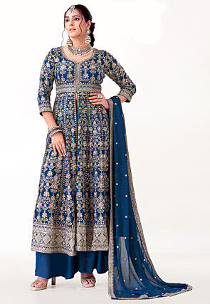 Embroidered Art Silk Pakistani Suit in Teal Blue