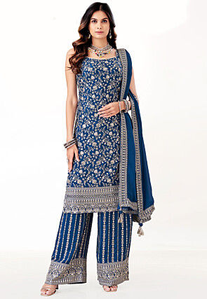 Embroidered Art Silk Pakistani Suit in Teal Blue