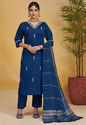 Embroidered Art Silk Pakistani Suit in Teal Blue