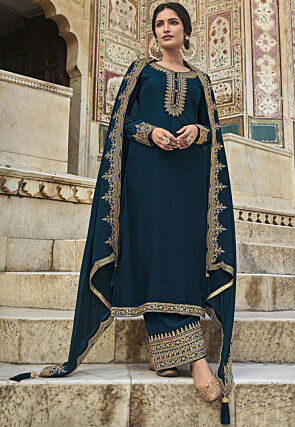 Embroidered Art Silk Pakistani Suit in Teal Blue
