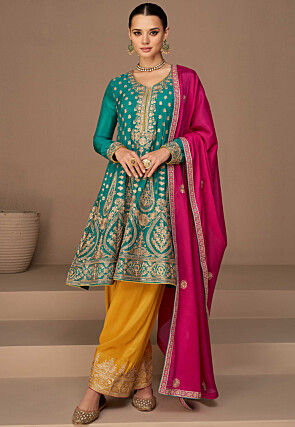 Embroidered Art Silk Pakistani Suit in Teal Blue