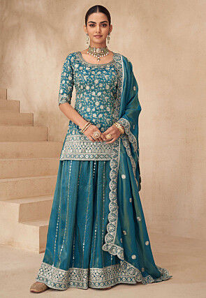 Embroidered Art Silk Pakistani Suit in Teal Blue