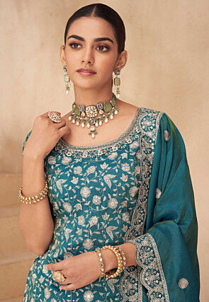 Embroidered Art Silk Pakistani Suit in Teal Blue