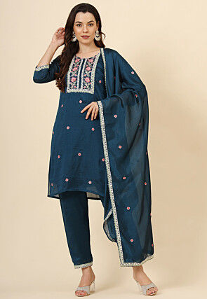 Embroidered Art Silk Pakistani Suit in Teal Blue