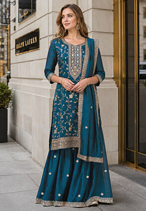 blue and gold pakistani dress Blue Gold Long Pishwas for Pakistani Wedding Dresses CUSTOM SIZE