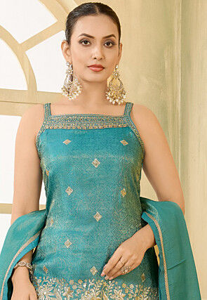 Embroidered Art Silk Pakistani Suit in Teal Blue