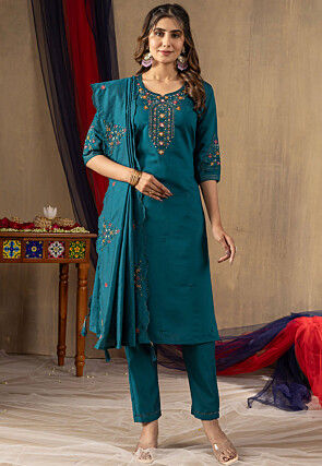 Embroidered Art Silk Pakistani Suit in Teal Blue