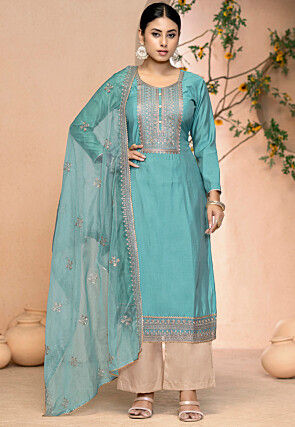 Embroidered Art Silk Pakistani Suit in Teal Blue