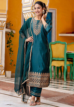 Embroidered Art Silk Pakistani Suit in Teal Green
