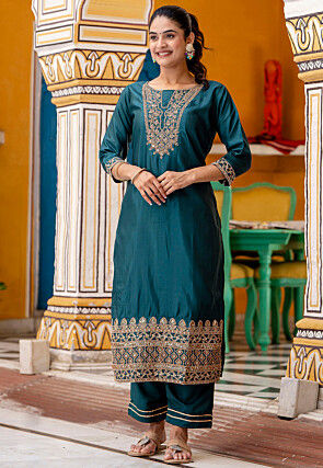 Embroidered Art Silk Pakistani Suit in Teal Green