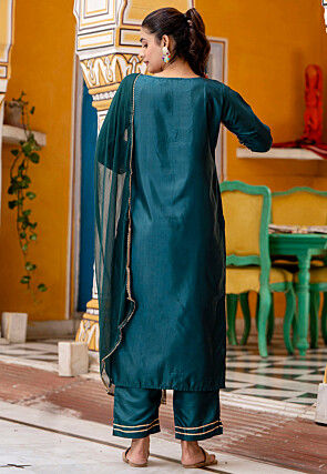 Embroidered Art Silk Pakistani Suit in Teal Green