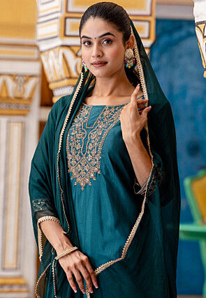 Embroidered Art Silk Pakistani Suit in Teal Green