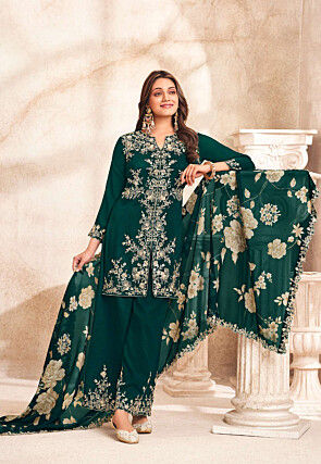 Embroidered Art Silk Pakistani Suit in Teal Green