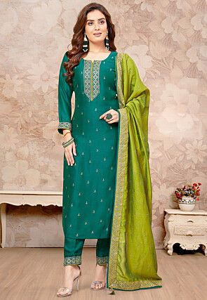 Embroidered Art Silk Pakistani Suit in Teal Green