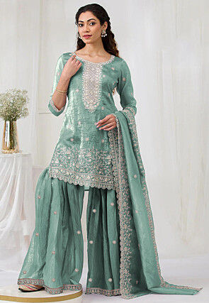 Embroidered Art Silk Pakistani Suit in Teal Green