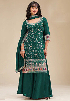 Embroidered Art Silk Pakistani Suit in Teal Green