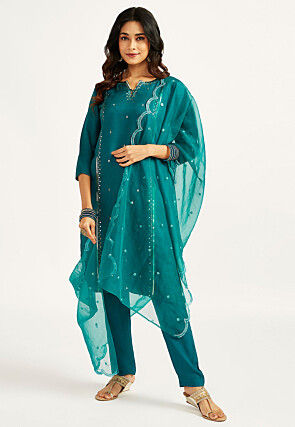 Embroidered Art Silk Pakistani Suit in Teal Green