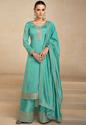 Embroidered Art Silk Pakistani Suit in Turquoise
