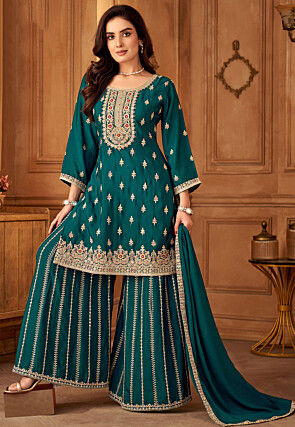 Embroidered Art Silk Pakistani Suit in Turquoise