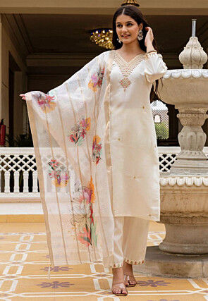 Embroidered Art Silk Pakistani Suit in White
