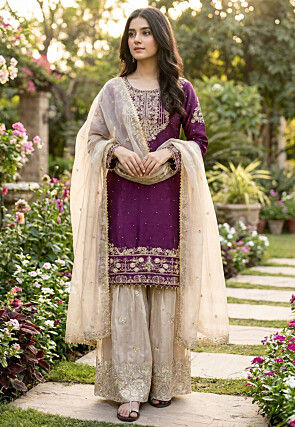 Embroidered Art Silk Pakistani Suit in Wine