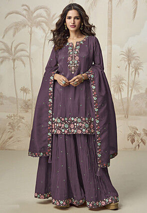 Embroidered Art Silk Pakistani Suit in Wine
