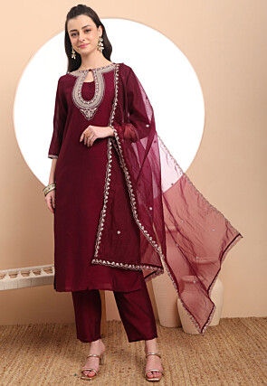 Embroidered Art Silk Pakistani Suit in Wine